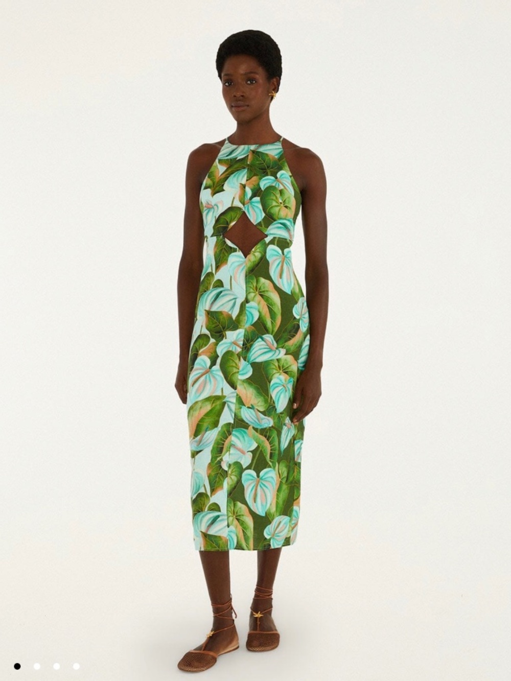 Green Anthurium Leaves Cut Out Midi Dress